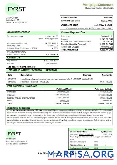 Realistic Germany Fyrst bank mortgage statement scr real example